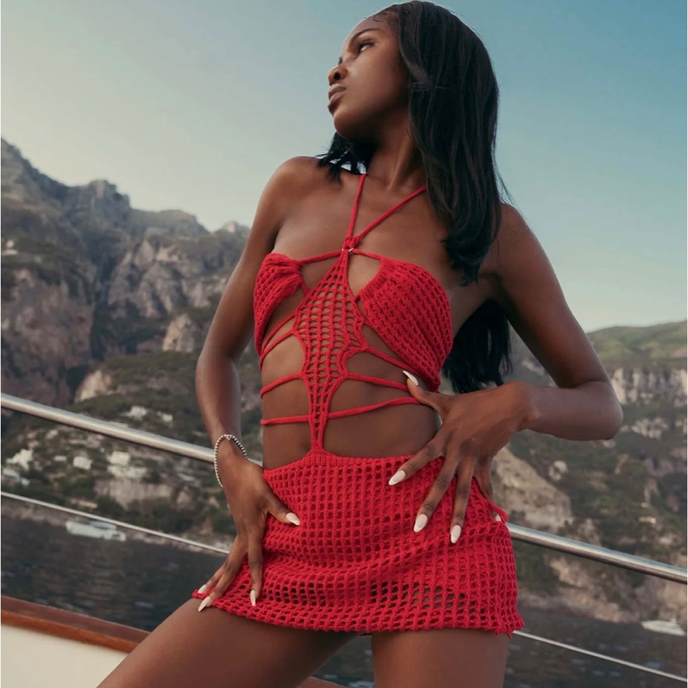 NWT I.AM.GIA KAMALI RED CROCHET MINI DRESS M
